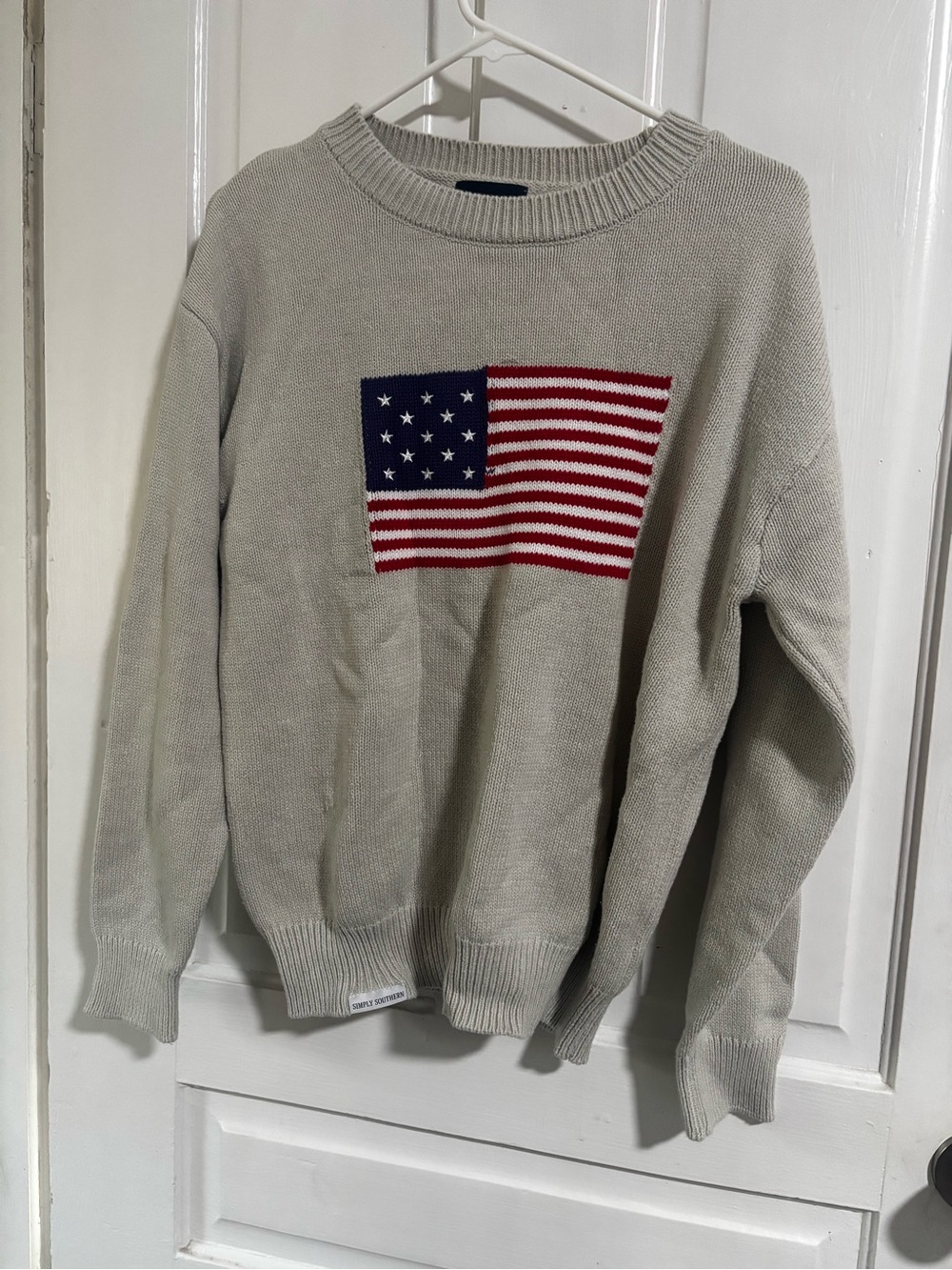 Simply Southern Beige Crewneck Sweater with American Flag